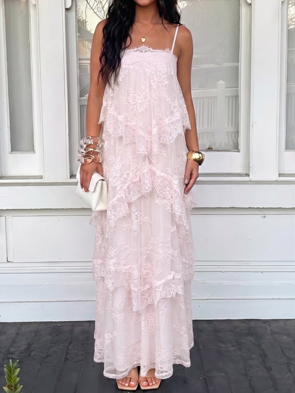 Pink Party Women's Frill Spaghetti Strap Tiered Maxi Dress